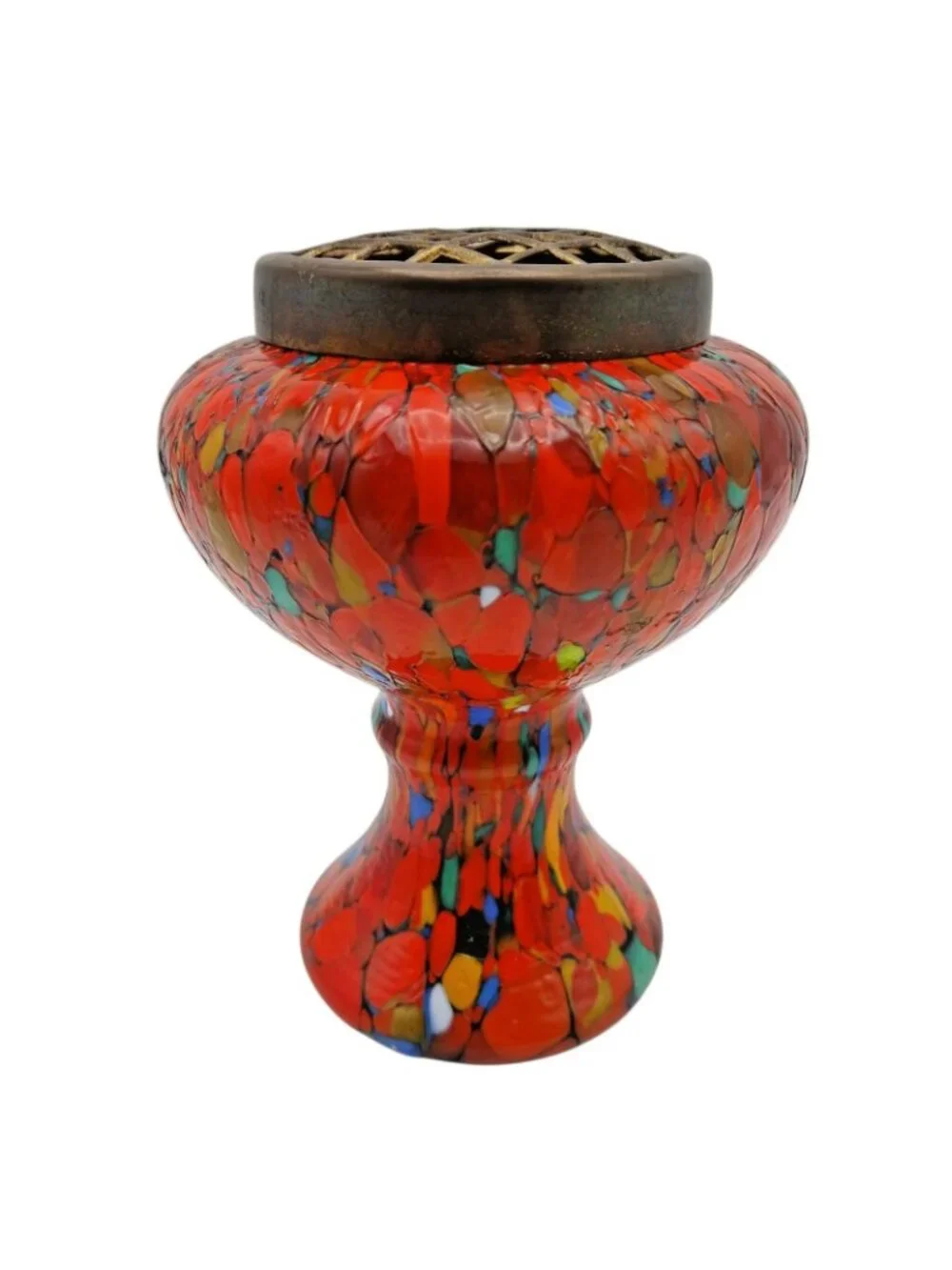 Czech Bohemian Spatter Glass Posy Vase Brass Flower Frog Lid 5